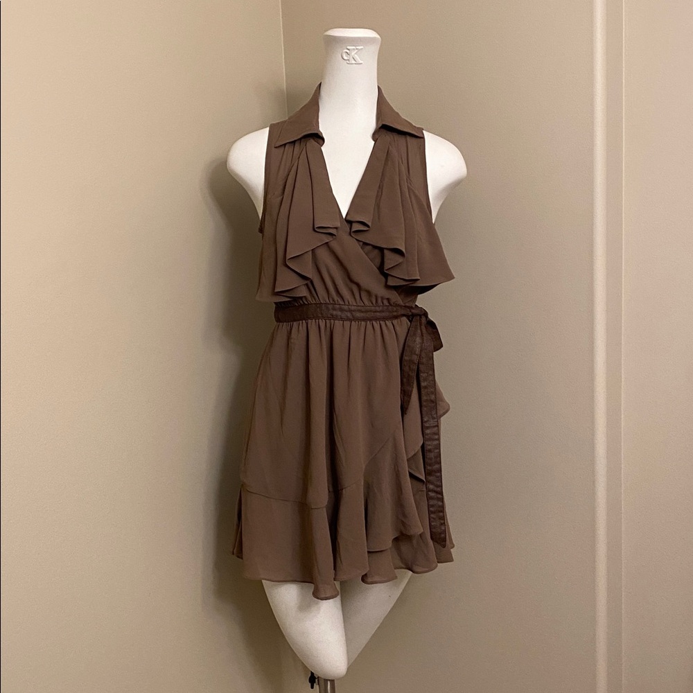DOUBLE ZERO Taupe-Brown wrap dress with faux suede tie & Ruffled bottom Size S